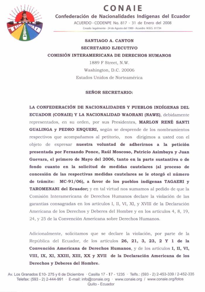 Petición de Medidas Cautelares para los Huaoraní  - CONAIE